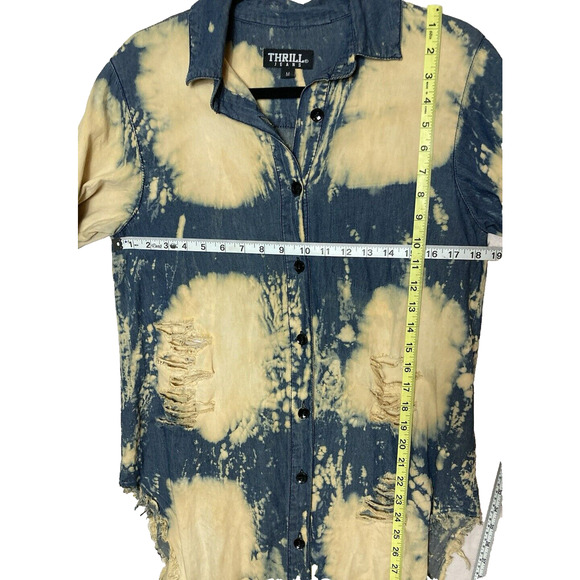 Thrill Jeans Women Shirt Medium Blue High Low Distressed Button Down pre owned - Picture 12 of 14